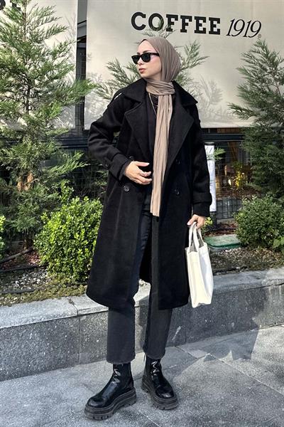 Omuz Filetolu Kol Apoletli Kaşe Kaban Siyah