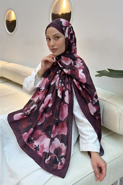 Batik Çiçek Desen Bambu Şal Bordo