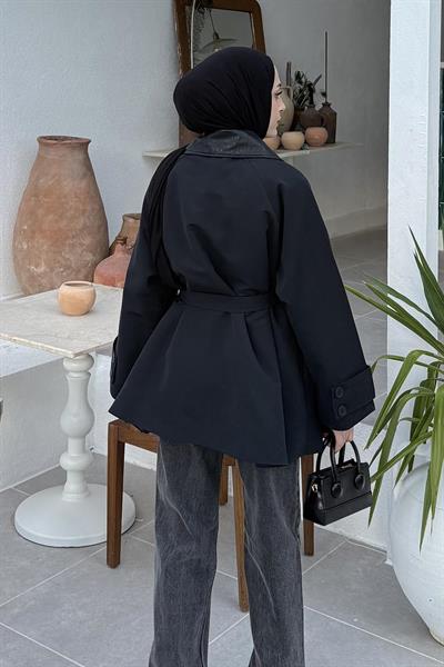 Garni Yaka Trençkot Siyah