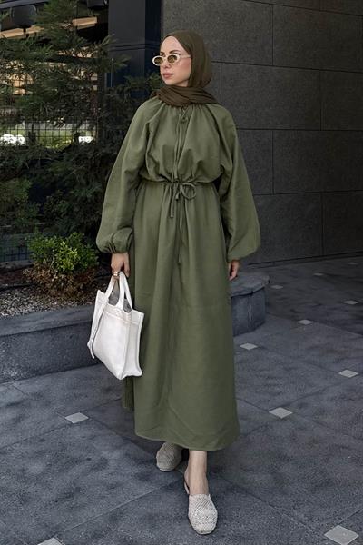 Balon Kol Bağlamalı Tesettür Elbise Haki