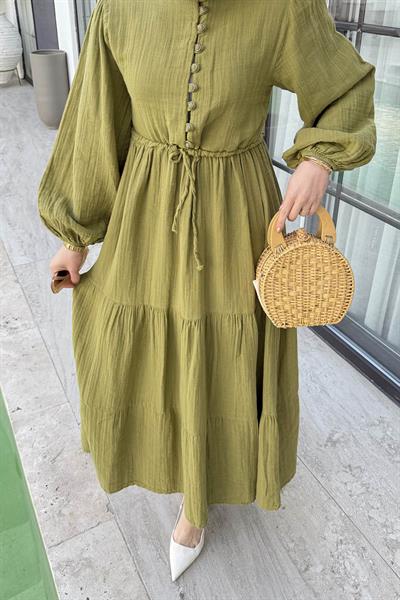 Bel Büzgülü Tesettür Elbise Çağla Yeşili