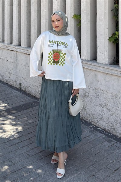 Basic Oversize Matcha Baskılı Bluz Beyaz