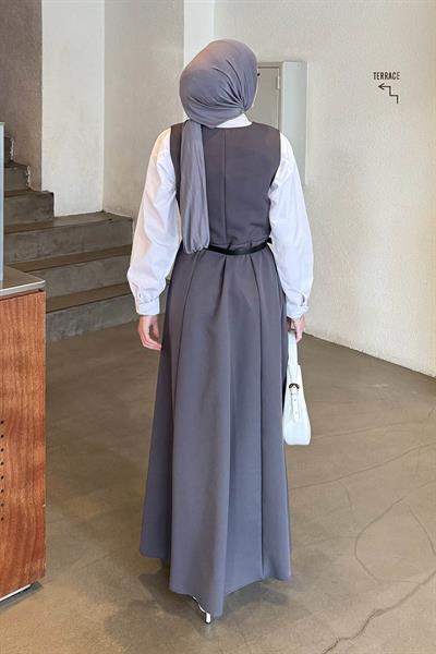 Düğme Detaylı Kolsuz Tesettür Elbise Antrasit