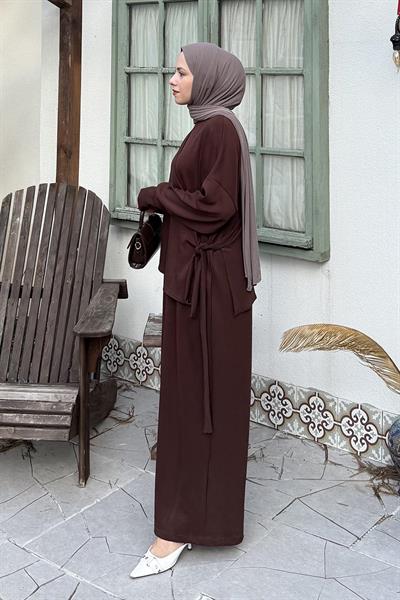 Büzgülü Tesettür Elbise Acı Kahverengi