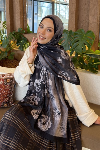 Çiçek Desen Bambu Şal Siyah