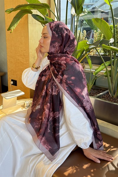 Gül Çiçek Desen Lara Soft Şal Koyu Bordo