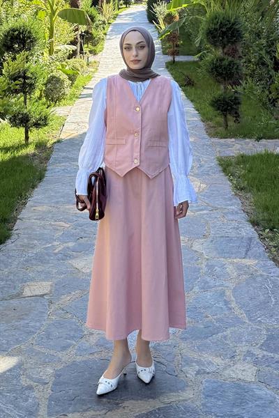 Gabardin Yelek-Etek İkili Tesettür Takım Pudra