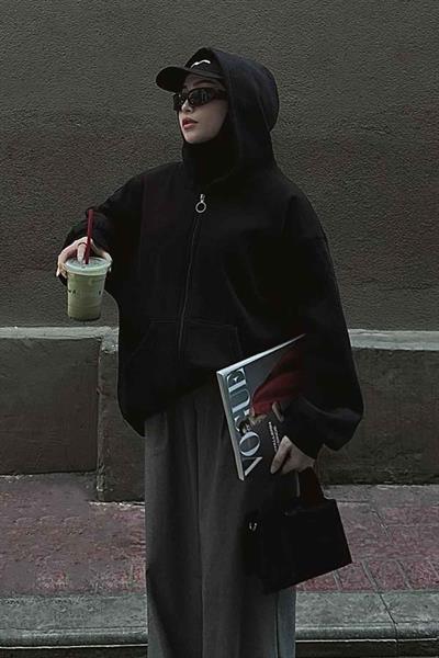 Kapüşonlu Oversize Yan Cepli Sweat Siyah
