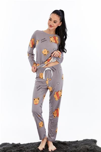 Desenli Pijama Takımı Gri