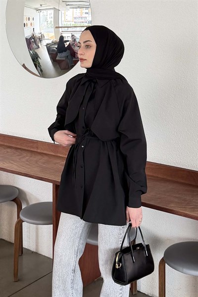 Pelerin Detaylı Gömlek Siyah