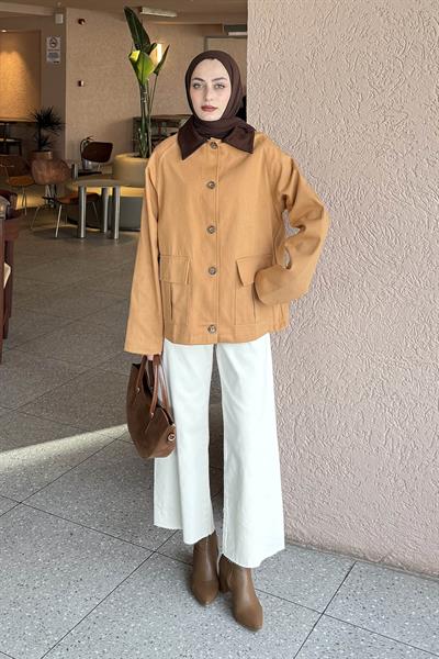 Yaka Detaylı Düğmeli Gabardin Ceket TABA