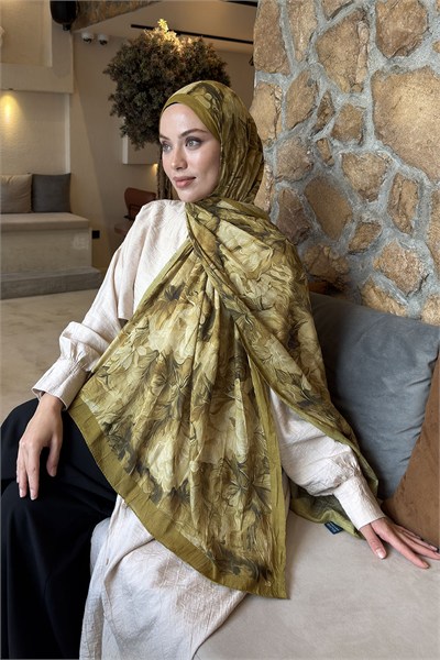 Vintage Flower Desen Bambu Şal Asker Yeşili