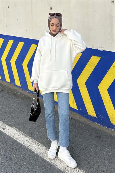 Üç İplik Kanguru Cep Sweatshirt Beyaz