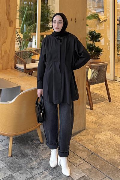 Ön Pile Detaylı Gömlek Siyah