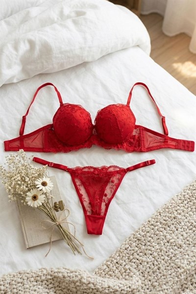 Destekli Brode Sütyen Takımı Kırmızı