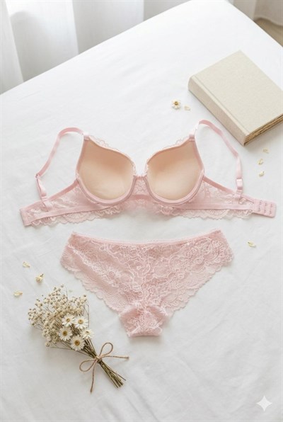 Dantelli Destekli Sütyen Takım Şeker Pembesi