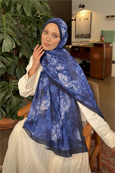 Vintage Flower Desen Bambu Şal Gece Mavisi