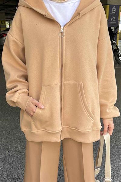 Kapüşonlu Oversize Yan Cepli Sweat Sütlü Kahve