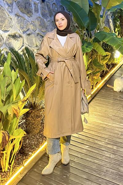 Omuz Apoletli Deri Trençkot Sütlü Kahve