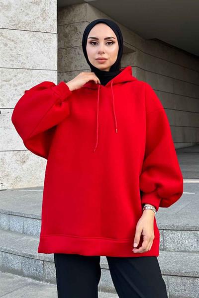 Üç İplik Balon Kol Sweatshirt Kırmızı