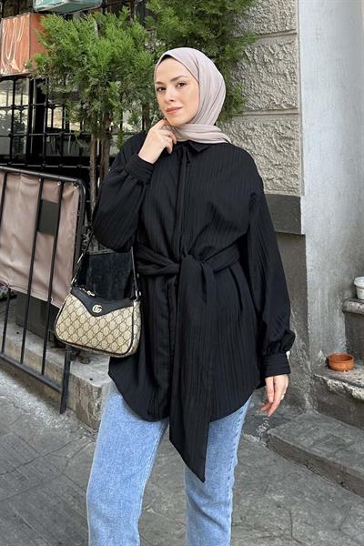 Belden Bağlamalı Tunik Gömlek Siyah
