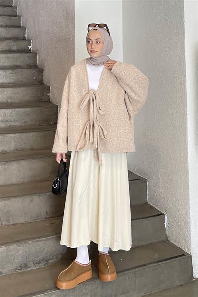 Bağlamalı Kaşe Kimono Bej