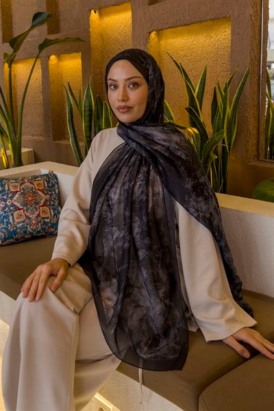 Gül Çiçek Desen Ferah Şal Siyah