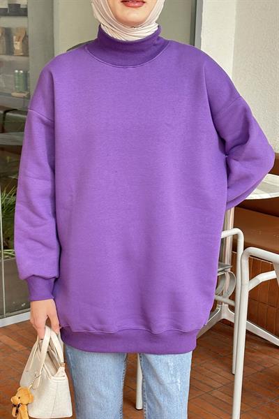 Üç İplikli Yarım Balıkçı Yakalı Basic Tunik Mor