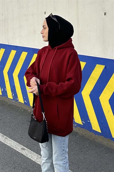 Üç İplik Kanguru Cep Sweatshirt Bordo
