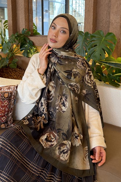 Çiçek Desen Bambu Şal Haki
