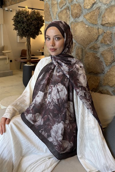 Vintage Flower Desen Bambu Şal Acı Kahverengi
