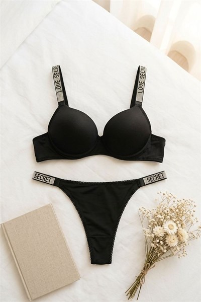 Mikro Kumaş Düz RenkTaşlı Destekli Sütyen Takımı Siyah