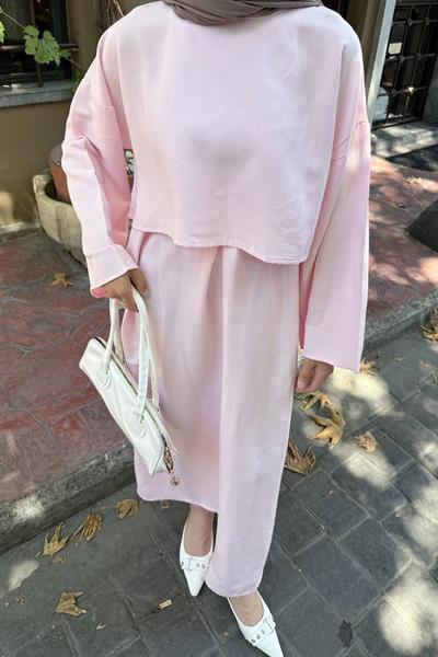 Etekli Tesettür Takım Pembe