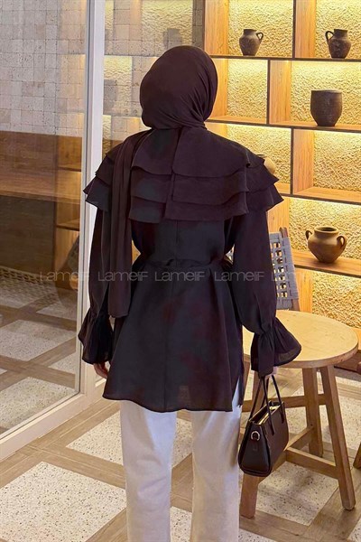 Volan Detaylı Kol Büzgülü Gömlek Acı Kahverengi