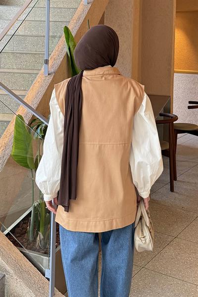 Önü Çıtçıt Düğmeli Yelek Camel