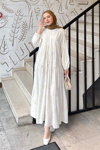 Katleya Model İşlemeli Elbise Ekru