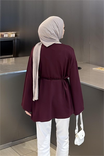 Kol Arma Detaylı Belden Bağlamalı Tunik Bordo