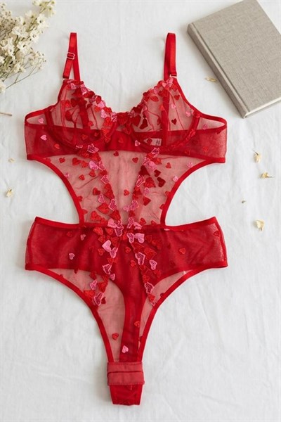 Kırmızı Kalp Desen Bodysuit Kırmızı