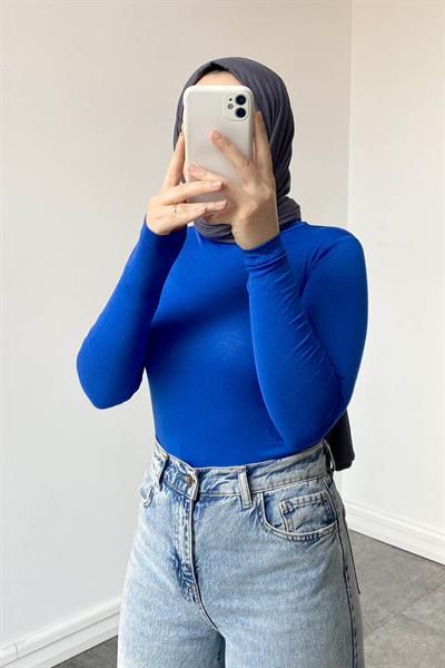 Yarım Balıkçı Yaka Düz Renk Body Saks Mavisi