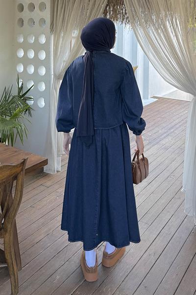 Fiyonk Detaylı Denim Takım Koyu Mavi
