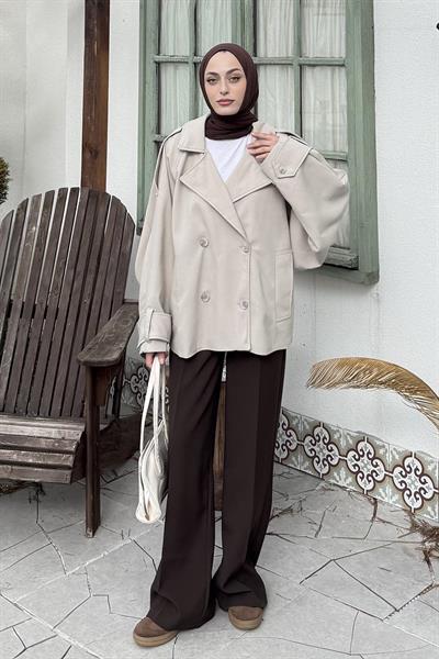 Kruvaze Kısa Tesettür Trençkot Taş