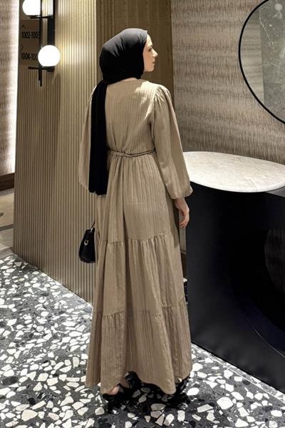 Biritli Tesettür Elbise Bej