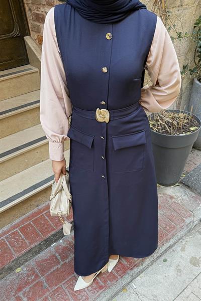 Düğme Detaylı Elbise Lacivert