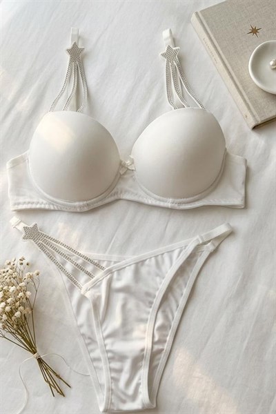 Taşlı Yıldız Detaylı Dolgulu Destekli Sütyen Takım Ekru