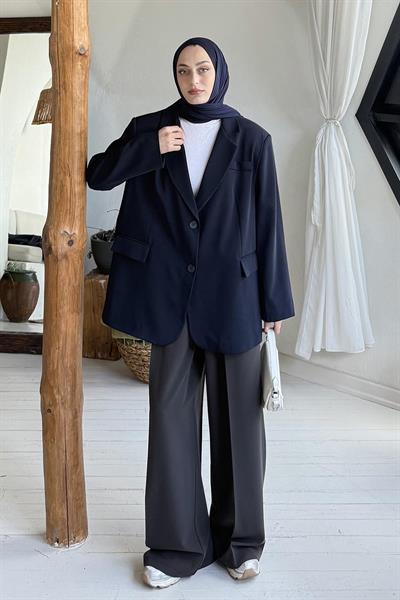 Dekoratif Cep Detaylı Tesettür Ceket Siyah