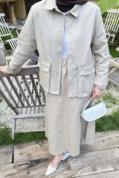 Cep Detaylı İkili Etek Tesettür Takım Bej