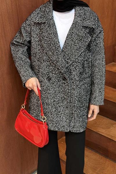 Balık Sırtı Kruvaze Kaban Siyah