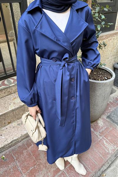 Kol Elastik Detaylı Trençkot Lacivert
