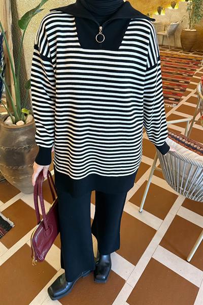 Çizgili Balıkçı Yaka Triko Takım Siyah