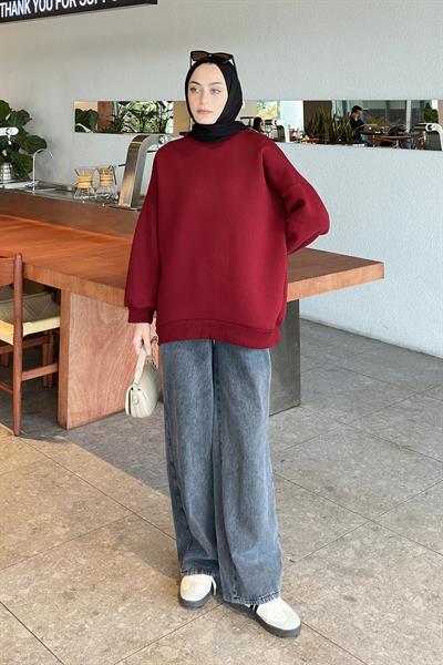 Jasmin Bisiklet Yaka Oversize Sweat Bordo